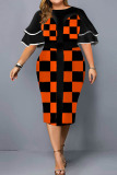 Orange Black Casual Print Patchwork Flounce O Neck One Step Skirt Plus Size Dresses