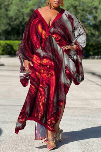 Red Casual Print Patchwork Slit V Neck Straight Plus Size Dresses