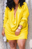 Yellow Casual Solid Patchwork V Neck Long Sleeve Plus Size Dresses