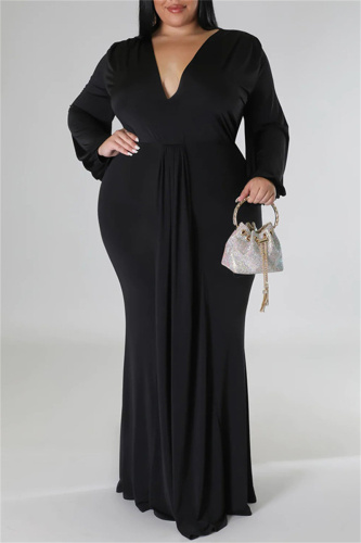 Black Casual Solid Patchwork V Neck Long Sleeve Plus Size Dresses
