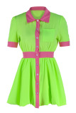 Light Green Casual Solid Patchwork Buckle Turndown Collar A Line Dresses