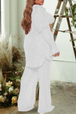 Silver White Sexy Casual Patchwork Sequins Cardigan Vests Pants Long Sleeve Two Pieces