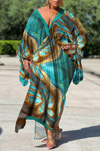 Green Casual Print Patchwork Slit V Neck Straight Plus Size Dresses