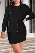 Black Casual Solid Buttons Turndown Collar Long Sleeve Two Pieces
