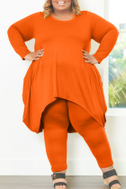 Tangerine Casual Solid Patchwork Asymmetrical O Neck Plus Size Two Pieces