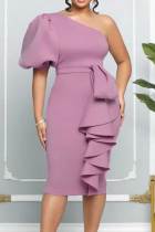Light Purple Celebrities Solid Patchwork Flounce Oblique Collar Dresses