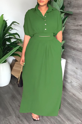 Green Casual Solid Patchwork Buckle Turndown Collar Short Sleeve Two Pieces