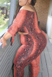 Red-brown Sexy Print Hollowed Out Patchwork Off the Shoulder Plus Size Jumpsuits