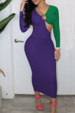 Purple Sexy Solid Hollowed Out Patchwork V Neck Pencil Skirt Dresses