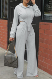 Light Gray Casual Solid Asymmetrical Hooded Collar Long Sleeve Two Pieces