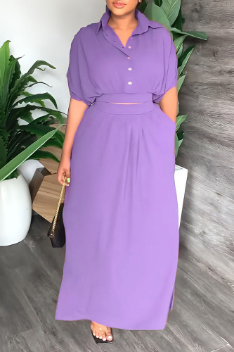 Purple Casual Solid Patchwork Buckle Turndown Collar Short Sleeve Two Pieces