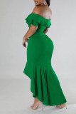 Green Sexy Solid Patchwork Flounce Asymmetrical Off the Shoulder Dresses