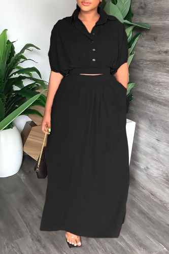 Black Casual Solid Patchwork Buckle Turndown Collar Short Sleeve Two Pieces