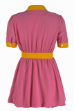 Pink Casual Solid Patchwork Buckle Turndown Collar A Line Dresses