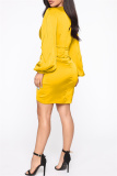 Yellow Sexy Casual Solid Patchwork V Neck Long Sleeve Dresses