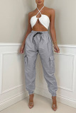 Silver Casual Street Solid Patchwork Pocket Regular High Waist Pencil Solid Color Bottoms