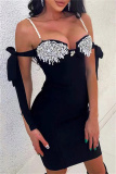 Black Sexy Formal Patchwork Hollowed Out Backless Beading Spaghetti Strap Evening Dress Dresses