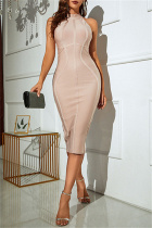 Apricot Sexy Formal Solid Patchwork Zipper O Neck Sleeveless Dress Dresses