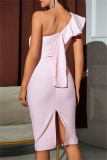 Pink Sexy Formal Solid Patchwork Backless Slit Oblique Collar Evening Dress Dresses