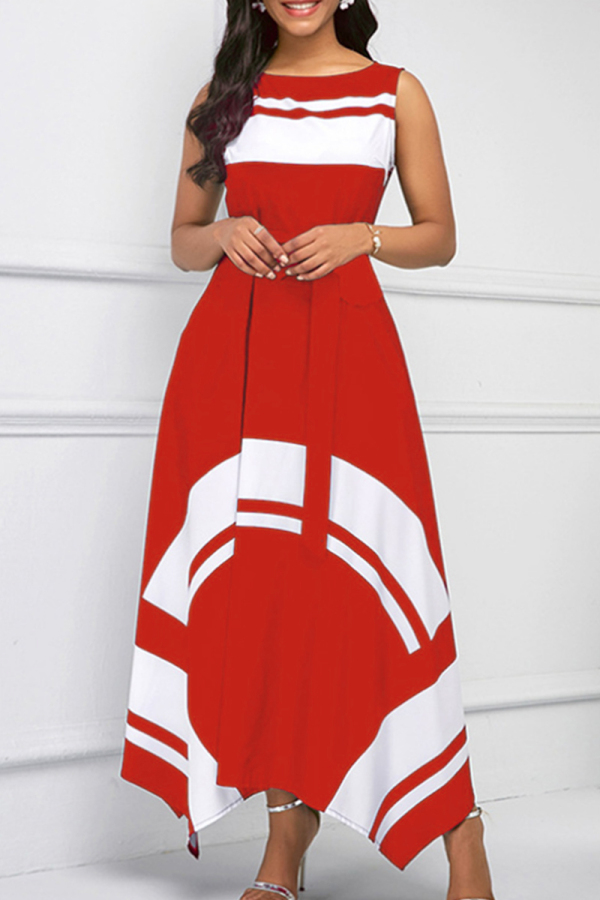 Red Fashion Casual Print Asymmetrical O Neck Sleeveless Dress