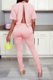 Pink Casual Solid Backless O Neck Short Sleeve Two Pieces