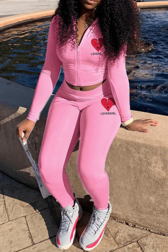 Pink Casual Print Patchwork Zipper Long Sleeve Two Pieces