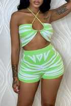 Green Sexy Print Bandage Patchwork Backless Halter Sleeveless Two Pieces