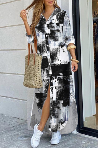 Black White Casual Print Patchwork Turndown Collar Shirt Dress