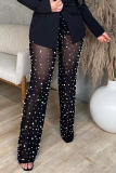 Black Sexy Solid Patchwork See-through Beading High Waist Straight Solid Color Bottoms