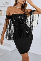 Black Sexy Formal Patchwork Tassel Backless Off the Shoulder Evening Dress Dresses