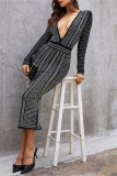 Black Sexy Formal Patchwork Hot Drill V Neck Long Sleeve Dresses