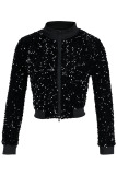 Blue Sexy Solid Sequins Patchwork Zipper Collar Coats