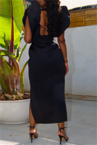 Black Sexy Formal Solid Patchwork Slit V Neck One Step Skirt Dresses