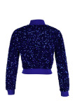 Blue Sexy Solid Sequins Patchwork Zipper Collar Coats
