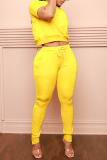 Yellow Casual Solid Backless O Neck Short Sleeve Two Pieces