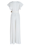 White Casual Elegant Solid Patchwork Fold V Neck Straight Jumpsuits