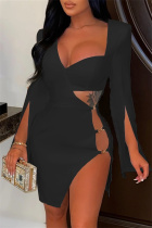 Black Sexy Solid Hollowed Out Slit V Neck Long Sleeve Dresses
