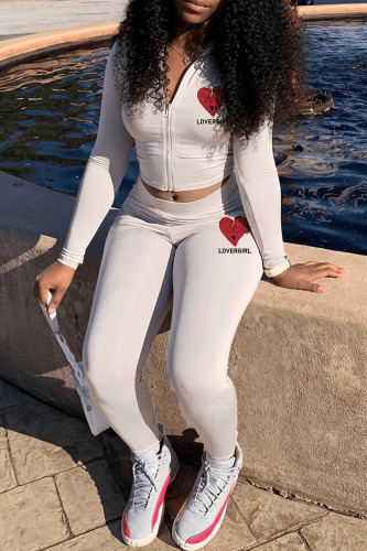 White Casual Print Patchwork Zipper Long Sleeve Two Pieces