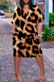 Leopard Print Casual Print Patchwork V Neck Short Sleeve Dress