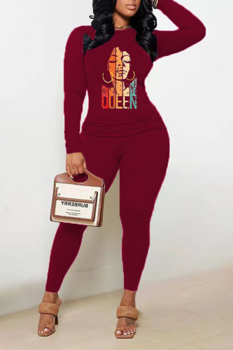 Burgundy Casual Print Patchwork O Neck Long Sleeve Two Pieces