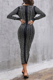 Black Sexy Formal Patchwork Hot Drill V Neck Long Sleeve Dresses