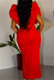 Red Sexy Formal Solid Patchwork Slit V Neck One Step Skirt Dresses