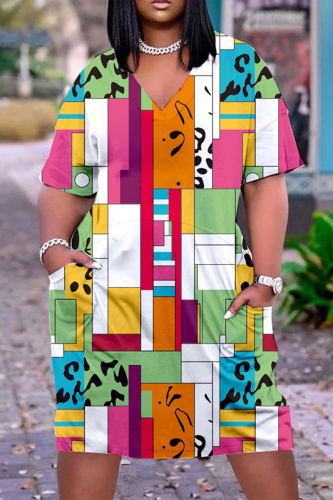 Green Casual Print Patchwork V Neck Short Sleeve Dress