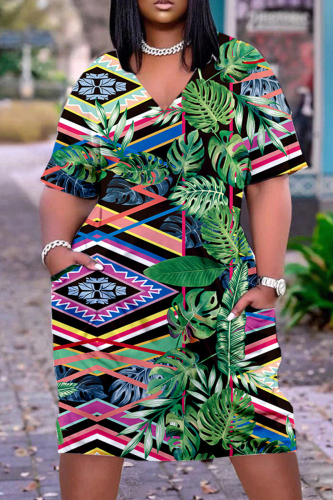 Green Casual Print Patchwork V Neck Short Sleeve Dress