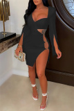 White Sexy Solid Hollowed Out Slit V Neck Long Sleeve Dresses