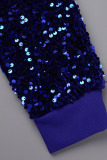 Blue Sexy Solid Sequins Patchwork Zipper Collar Coats