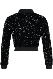 Blue Sexy Solid Sequins Patchwork Zipper Collar Coats