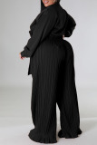 Black Casual Solid Bandage Patchwork Fold Turndown Collar Plus Size Two Pieces
