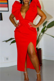 Red Sexy Formal Solid Patchwork Slit V Neck One Step Skirt Dresses
