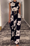 Black Casual Print Patchwork With Belt O Neck Jumpsuits